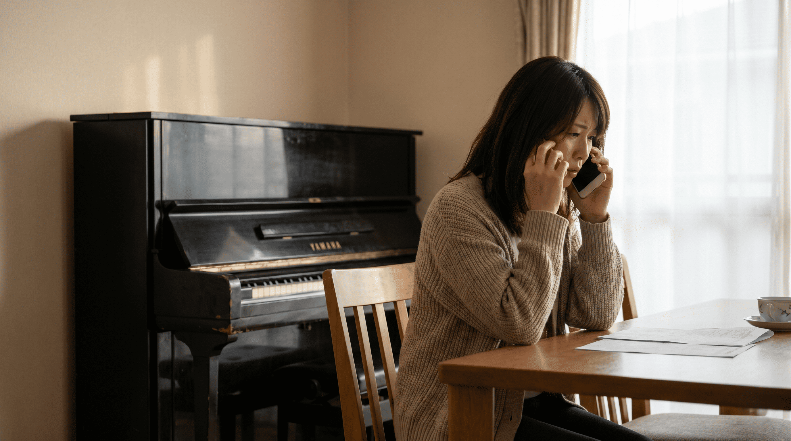 スマートフォンでピアノ買取業者に電話している女性